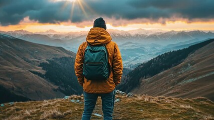 Back view of a solo traveler wearing a backpack standing on a mountain peak, admiring the vast landscape and golden sunset, symbolizing adventure and exploration.