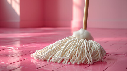 Mop and Cleaning Equipment on a Pastel Background, Housekeeping and Hygiene Concept  
