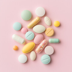 Various Medications and Pills on a Pastel Background, Pharmaceutical Drugs, Healthcare Concept  
