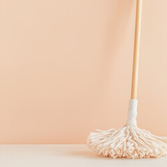 Mop and Cleaning Equipment on a Pastel Background, Housekeeping and Hygiene Concept  
