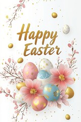 An Easter poster with "Happy Easter" in golden text, surrounded by pastel - colored eggs with gold accents and blooming flowers, exudes festive charm.