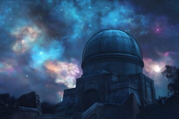 Obraz premium Observatory dome stands beneath a luminous starry sky, surrounded by colorful nebulae and cosmic clouds, creating a breathtaking celestial scene