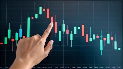 Market Analysis: Close-up of a hand pointing to an illuminated graph of stock market fluctuations, with a dynamic pattern of rising and falling candlesticks.