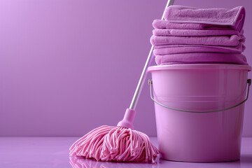 Mop and Cleaning Equipment on a Pastel Background, Housekeeping and Hygiene Concept  
