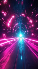 Bright tunnel with vibrant pink lights creating a sense of speed and motion towards a glowing center