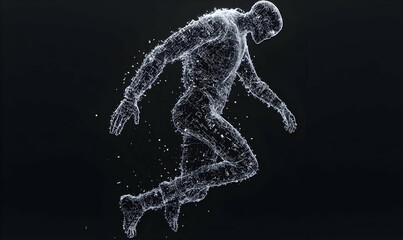 Human figure created with particles in motion against black background