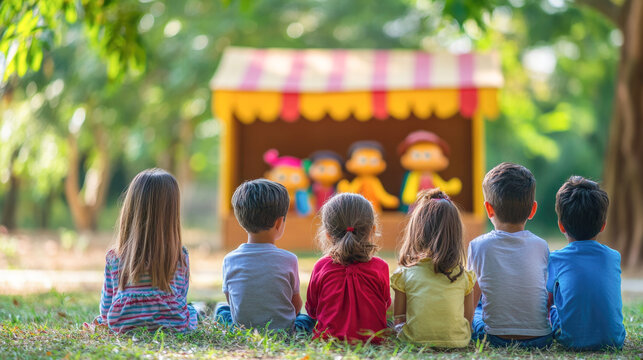 Naklejki Diverse group of children watching outdoor puppet show in park