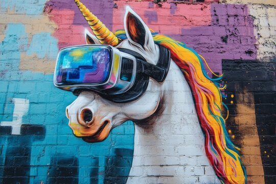 Vibrant unicorn graffiti with vr headset on urban brick wall
