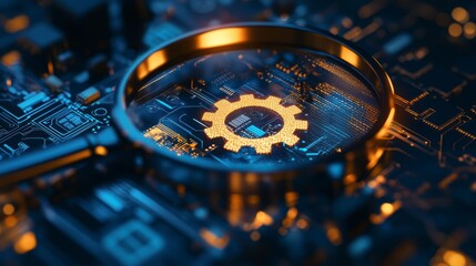 Magnifying glass focusing on gear on circuit board