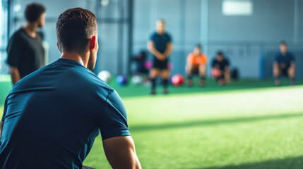 Young caucasian male coach observing soccer training session in indoor facility
