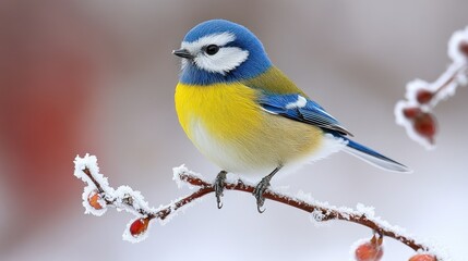 Fototapeta premium Winter bird perched on snowy branch
