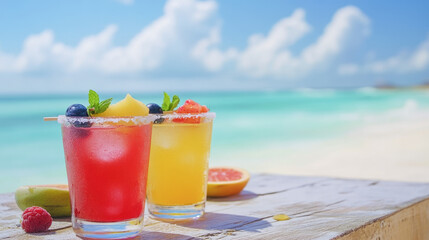 Obraz premium Refreshing fruit cocktails on tropical beach with blue sky and ocean in background