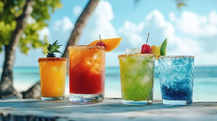 Tropical mixed cocktails on beachside table under sunny skies