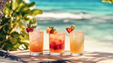 Obraz premium Refreshing summer cocktails on a tropical beach