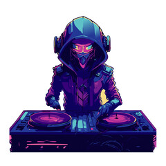 Vibrant cyberpunk DJ illustration featuring a masked and hooded DJ mixing music on turntables, surrounded by an energetic, futuristic cityscape with neon hues and dynamic lighting effects.

