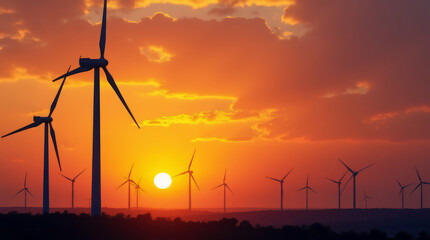 Obraz premium Wind Farm at Sunset – Renewable Energy Wind Turbines in Scenic Landscape