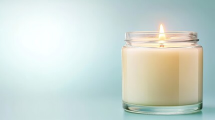 Cream Colored Candle Burning in Clear Glass Jar on Pale Blue Background