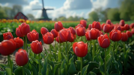 Dutch Tulip Field, Windmill, Springtime
