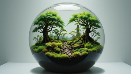 Glass sphere terrarium, miniature forest