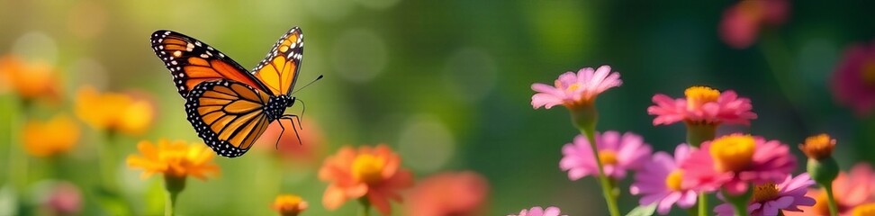Fototapeta premium Close-up shot of monarch butterfly mid-flight over colorful flowers, flying, flowers