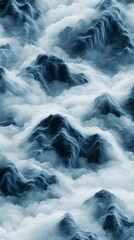 Abstract aerial view of a mountainous landscape shrouded in mist, displaying a range of bluish grey peaks and valleys, creating a serene and ethereal atmosphere.