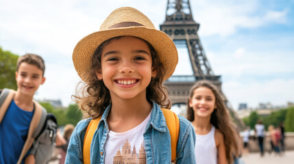 Happy hispanic children exploring paris near the eiffel tower