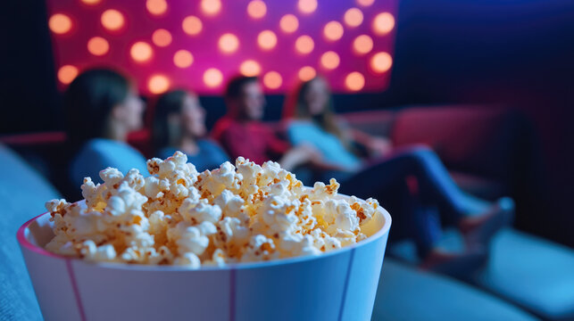 Group of diverse young adults watching movie with popcorn in theater setting - Powered by Adobe