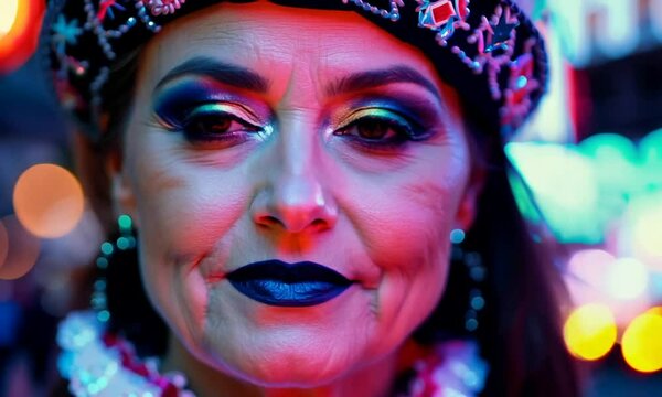 Woman in her fifties with black lipstick stares into the camera, the neon lights of the night city illuminate her time-worn face