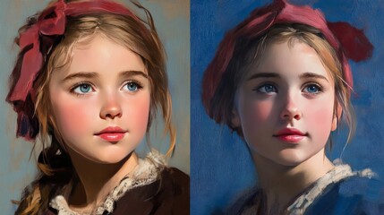 Naklejka premium Portrait of a Young Girl with Blue Eyes and Ribbon