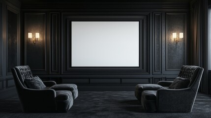 A sleek home theater featuring two plush armchairs facing a blank screen, set against a dark, elegant interior.