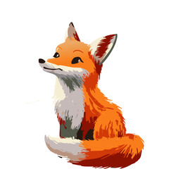 Fototapeta premium Fox illustration in a digital painting style with a white background, featuring an orange and white fur pattern, a fluffy tail, and a calm, content expression.