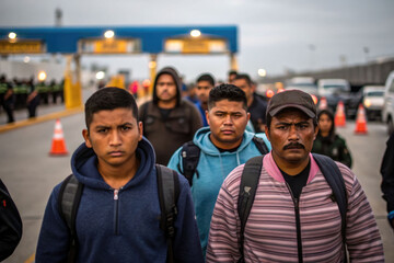 Men foreigners, illegals with bags walk from the border checkpoint. Deportation from the country