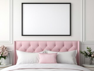 A stylish bedroom showcases a pink tufted headboard, white bedding, and a blank framed picture above, complemented by floral decor on either side.