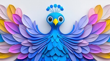 Obraz premium Playful Cartoon Peacock with Colorful Paper Feathers on White Textured Background