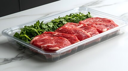 Fototapeta premium Fresh Raw Meat Slices with Green Leafy Vegetables on White Surface