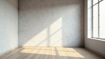 Sunlit Empty Room with Light Wood Floor and Concrete Wall