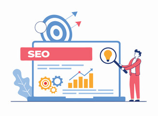 Change SEO ranking position. Search screen page with magnifier . Vector illustration flat design style. SEO, Search Engine Optimization, Top ranking Concept, Flat Vector