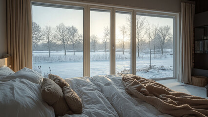 A cozy bedroom inside a wooden cabin with a panoramic window overlooking a snowy lake.