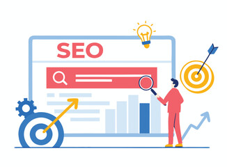 Change SEO ranking position. Search screen page with magnifier . Vector illustration flat design style. SEO, Search Engine Optimization, Top ranking Concept, Flat Vector