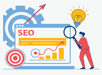 Change SEO ranking position. Search screen page with magnifier . Vector illustration flat design style. SEO, Search Engine Optimization, Top ranking Concept, Flat Vector