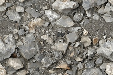 Seamless concrete stone debris rocky surface featuring various sizes of gray stones and gravel, creating a natural texture.