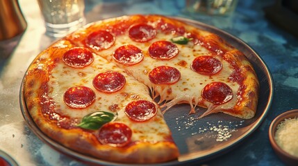 Delicious Pepperoni Pizza with Melted Cheese and Basil on Rustic Background