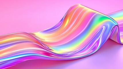 Abstract iridescent liquid flowing on pink background. Rainbow colors, smooth curves and glossy texture. Digital art, modern design.