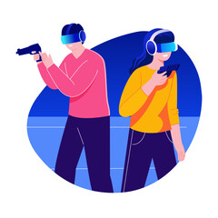 Persons playing shooting game using vr technology, flat illustration