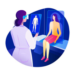 A flat style illustration of a virtual doctor checking patients