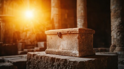 Naklejka premium Hidden treasure chest Concept, Ancient Stone Altar with Chest in Mysterious, Dimly Lit Temple Interior
