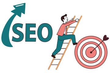 SEO, search engine optimization to drive traffic or visitor to website, improve search result ranking gain more visibility concept, businessman climb up ladder on the word SEO with arrow hit target.