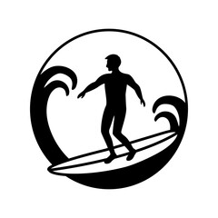Surfing. Surfer on a surfboard icon. Logo for a surf club, equipment store, website. Vector icon. A symbol of active recreation on the coast and sports. Black and white illustration.