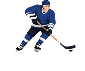 Obraz premium Hockey player in blue uniform skillfully maneuvering puck on ice rink in dynamic flat vector illustration