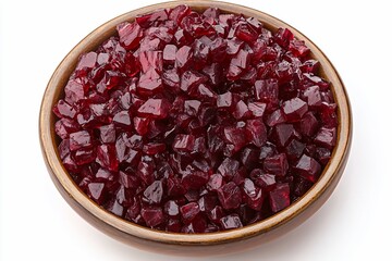 Bowl of diced, candied beetroot pieces.